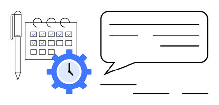 Calendar marked with tasks, pen for note-taking, clock inside gear signifying time management,...
