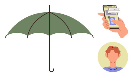 Green umbrella, hand holding smartphone showing messaging app, and male avatar. Ideal for communication, weather, protection, online interaction, social media user identity safety themes. Simpleのイラスト素材