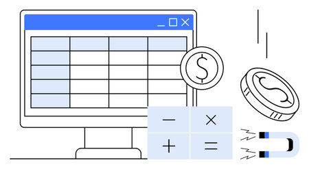 Computer screen displays a spreadsheet, accompanied by coins, calculator symbols, and magnet attracting financial resources. Ideal for finance, accounting, investment, budgeting, data analysisのイラスト素材