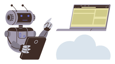 Robot interacting with a tablet, pointing to data in front of a cloud and laptop screen. Ideal for AI, technology, cloud computing, data analysis, automation, innovation, future technology conceptsのイラスト素材