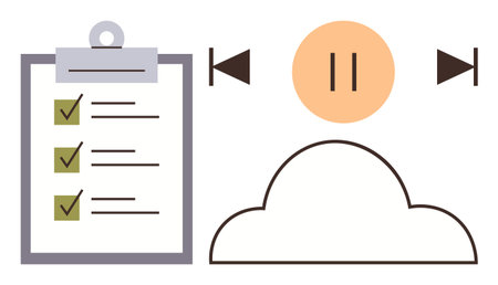 Clipboard with checkmarks, sun-thumbs up pause icon, and cloud motif. Ideal for productivity, task management, workflow optimization, digital storage, teamwork, self-organization visual simplicityのイラスト素材
