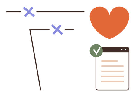 Cross marks, checklist with a green tick, and orange heart depict decision-making, prioritization, task validation, achievements, self-motivation, goal setting and productivity. Ideal for analysisのイラスト素材