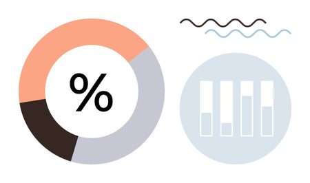 Circular chart with percentage, bar graph with segmented columns, and wave patterns for data visualization. Ideal for analytics, statistics, reports, presentations, infographics, education simpleのイラスト素材