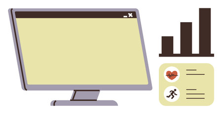 Computer monitor displaying health data, bar chart, heart rate, and running icons. Ideal for health tracking, technology, fitness, analytics, wellness data visualization simple flat metaphorのイラスト素材