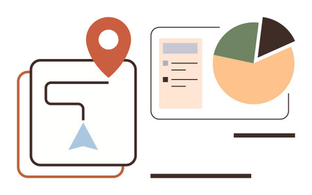 Location pin on a route map alongside a pie chart and data list. Ideal for logistics, navigation,...