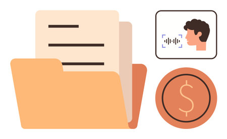Open file folder with documents, a user profile with biometric scanning, and a financial currency icon. Ideal for data security, finance, technology, privacy, management, integration simple flatのイラスト素材