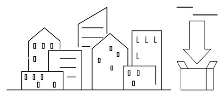 City skyline of various buildings and structures with an arrow pointing to an open box. Ideal for urban planning, delivery, logistics, storage solutions, organization, data migration, and creativeのイラスト素材