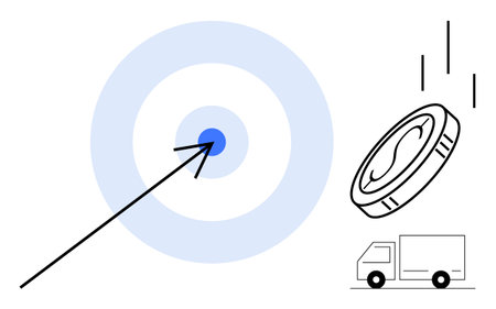 Bullseye with arrow emphasizing focus, coin representing investment, and truck symbolizing logistics. Ideal for finance, delivery, goal setting, precision, strategy efficiency success. Cleanのイラスト素材