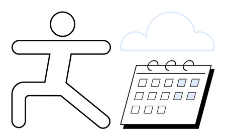 Abstract figure in a fitness pose by a calendar and cloud, symbolizing workout tracking, task management, and online synchronization. Ideal for health, planning, productivity, organization, wellnessのイラスト素材