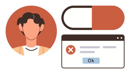 User portrait, popup window with error message, capsule. Ideal for healthcare, medication, warning, user interface, error notification system alert caution concepts. Simple flat metaphorのイラスト素材