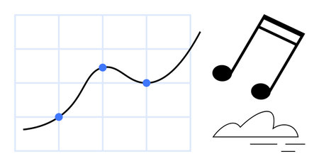 Line chart with data points on grid, two musical notes, and a cloud with motion lines. Ideal for analytics, creativity, innovation, music, technology growth inspiration. Simple flat metaphorのイラスト素材