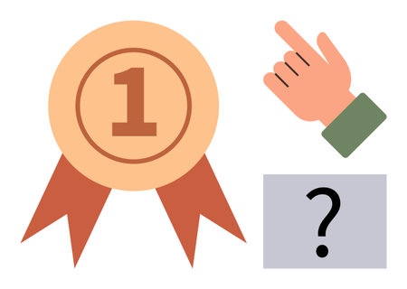 Award ribbon symbolizing success, pointing hand indicating choice, and question mark suggesting decision-making. Ideal for achievement, guidance, recognition, problem-solving, strategy, leadershipのイラスト素材