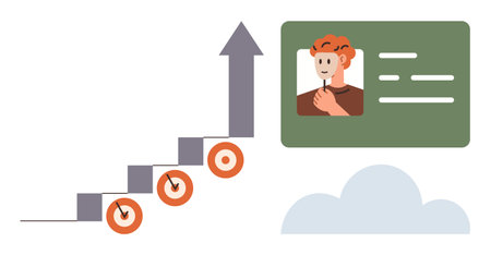 Staircase with upward arrow symbolizing progress, targets on each step, and a profile card representing individual or business achievement. Ideal for growth, career, strategy, success, personalのイラスト素材