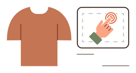 Brown t-shirt alongside a touchscreen graphic with a hand clicking a circular button. Ideal for fashion, e-commerce, customization, technology, user interaction, design concepts, simple flat metaphorのイラスト素材