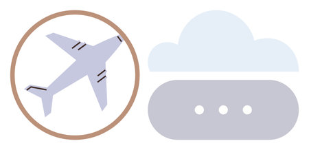 Airplane inside a circle paired with a cloud and a loading bar. Ideal for travel, aviation, logistics, cloud computing, innovation, data transfer, and global connectivity. A simple flat metaphorのイラスト素材