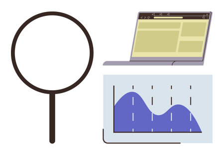 Magnifying glass beside a laptop displaying a dashboard and a graph with data trends. Ideal for analytics, research, technology, efficiency, decision-making, business strategy, and investigationのイラスト素材