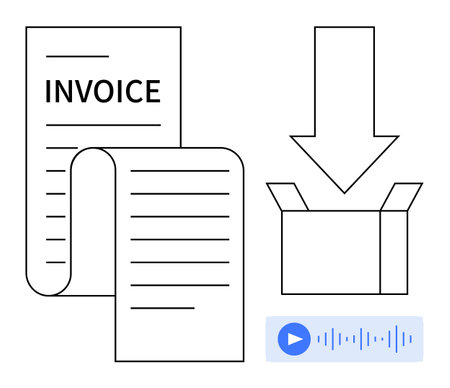 Invoice document, packaging box, downward arrow, and audio message. Ideal for e-commerce, logistics, billing, automation communication system integration workflow. Modern and simple flat metaphorのイラスト素材