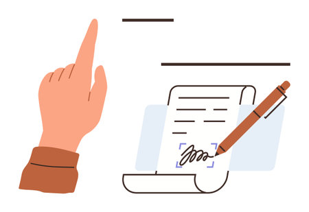 Hand pointing upward beside a document featuring a signature with a pen in motion. Ideal for legal agreement, signature, approval, contract, authorization, business deal, confirmation in a simpleのイラスト素材