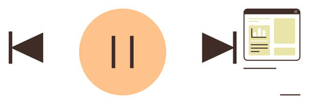 Media control buttons including play, pause, and rewind, paired with a webpage screen. Ideal for media navigation, technology, user interface, web design, control system interaction simple flatのイラスト素材