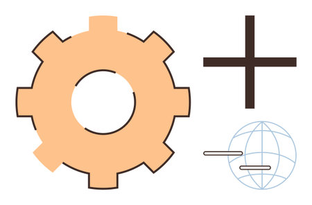 Large orange gear, bold plus sign, and subtle globe line art with horizontal lines. Ideal for innovation, teamwork, progress, global connectivity, technology workflow and solutions. Simple flatのイラスト素材