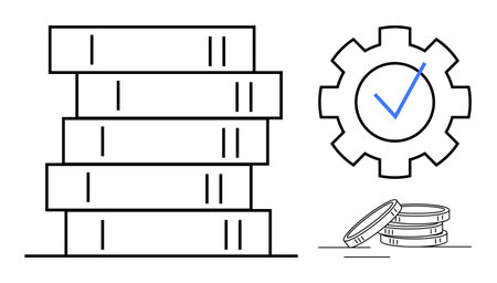 Stack of books suggests knowledge, gear with checkmark illustrates productivity, and coins indicate resources. Ideal for learning, education, business, strategy, efficiency success. Simple flatのイラスト素材