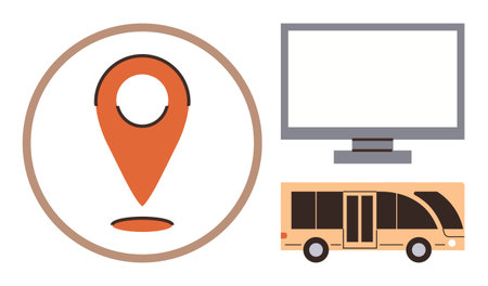 Navigation pin in circle, flat screen, and bus symbolizing travel, location tracking, technology integration, and public transport. Ideal for travel, tech, maps logistics apps services and simpleのイラスト素材