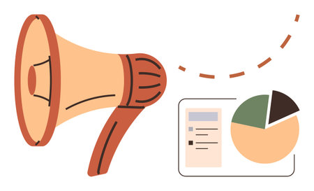 Megaphone projecting a message towards a pie chart and list, symbolizing promotion, analytics, and strategy. Ideal for marketing, analytics, communication, data, business advertising networkingのイラスト素材