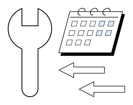 Calendar with marked dates alongside a wrench and directional arrows conveying planning, maintenance, and process flow. Ideal for productivity, planning, organization, repair, workflow, timeのイラスト素材