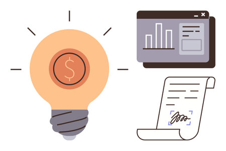 Lightbulb with dollar sign symbolizing creativity and finance, analytics dashboard conveys data analysis, signed document emphasizes agreements and professionalism. Ideal for business, contractsのイラスト素材