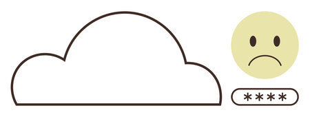 Cloud outline paired with a sad face and obscured password indicates data breach, loss, or login error. Ideal for cybersecurity, data safety, tech issues, and risk management in simple flat metaphorのイラスト素材