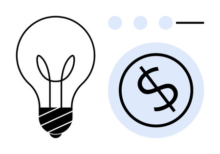 Light bulb beside a dollar sign in a blue circle with dots and a line. Ideal for finance, business, innovation, creativity, entrepreneurship, investment, success. Minimalist simple flat metaphorのイラスト素材