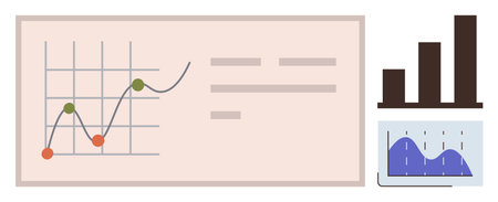 Line graph with data points on grid, bar chart, and area chart presenting data insights. Ideal for analytics, statistics, business growth, strategy, planning, education simple flat metaphorのイラスト素材