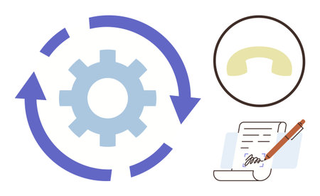 Gear with circular arrows symbolizing process, phone receiver representing communication, signed document denoting agreement. Ideal for teamwork, workflow, process management, technology, automationのイラスト素材
