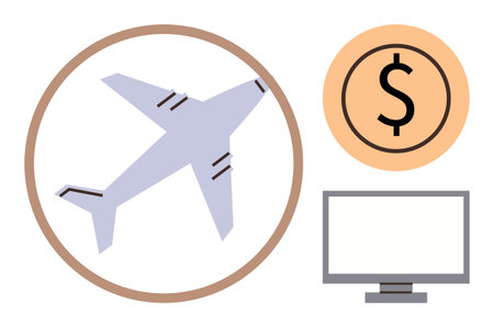 Airplane surrounded by a circle, dollar coin, and computer monitor highlight travel expenses, online booking, and global accessibility. Ideal for travel, budgeting, e-commerce, finance technologyのイラスト素材