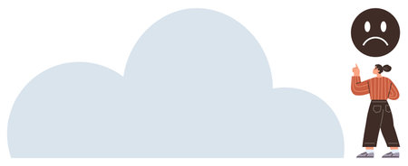 Cloud alongside a woman pointing at a sad face emoticon, symbolizing sadness, criticism, or negativity. Ideal for emotions, mental health, feedback, dissatisfaction, mood resilience concepts simpleのイラスト素材