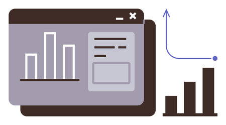 Dashboard screen featuring bar graphs, data fields, and upward arrow tracking growth. Ideal for analytics, growth strategy, data science, business analysis, progress tracking, performance reviewのイラスト素材
