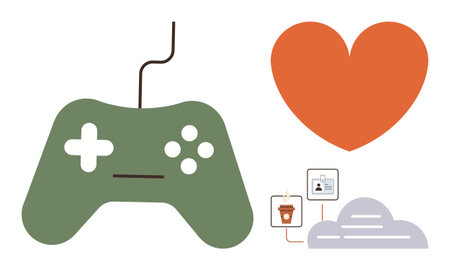 Green gaming controller with cord alongside a red heart, cloud, app icons, and connectivity...