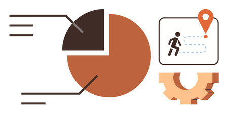 Pie chart with labels, path navigation with location pin, and gear symbol stylishly convey analytics, goal-setting, optimization, teamwork, decision-making, development, and productivity in a simpleのイラスト素材