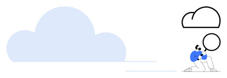 Person holding a magnifying glass and analyzing a cloud shape, representing research, cloud...
