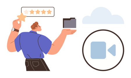 Person choosing star rating, holding folder, near cloud and video icon. Ideal for feedback, storage, media, online platforms, file sharing technology innovation. Simple flat metaphorのイラスト素材