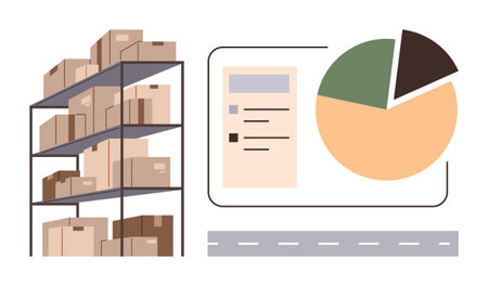 Shelves stacked with boxes, pie chart, and document interface. Ideal for logistics, data analysis, supply chain, inventory management, warehousing e-commerce efficient operations. Simple flatのイラスト素材