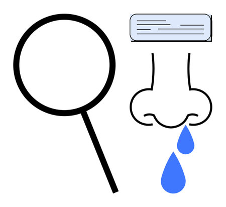 Magnifying glass, runny nose dripping blue drops, tissue represent observation, allergy symptoms, cleanliness. Ideal for health, hygiene, research, diagnostics prevention education simple flatのイラスト素材