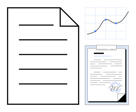 Paper document, signed clipboard, and upward growth chart. Ideal for business planning, analytics, document management, contract signing, growth strategy, task organization simple flat metaphorのイラスト素材