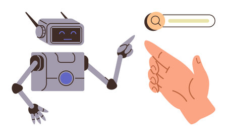 Robot pointing at a search bar as a human hand gestures in agreement. Ideal for technology, human-AI collaboration, innovation, digital search, robotics, automation, futuristic concepts. Simple flatのイラスト素材