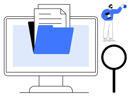 Computer screen displaying a digital file folder and documents. Magnifying glass implies search or analysis. Person engaging in data access. Ideal for technology, data, search, researchのイラスト素材