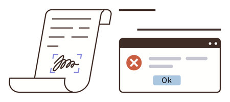 Scrolling digital document with e-signature next to an error notification popup. Ideal for legal approval, e-signatures, digital contracts, system errors, online verification, document managementのイラスト素材