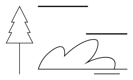 Minimal outline of a pine tree, a bush, and horizontal lines suggesting a serene outdoor scene. Ideal for nature, minimalism, environment, calm, simplicity abstract art branding. A simple flatのイラスト素材