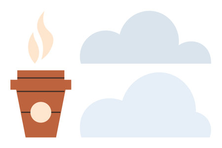Coffee cup with steam rising next to two fluffy clouds. Ideal for relaxation, mindfulness, morning...