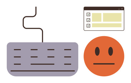 Keyboard with connected cable, task checklist window with completed tasks, and neutral face emotion. Ideal for productivity, task management, digital tools, feedback, UIUX, communication simple flatのイラスト素材