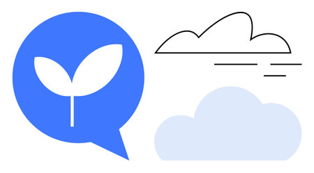 Blue speech bubble with plant sprout icon, minimalist cloud outlines, and abstract elements. Ideal for sustainability, innovation, communication, growth, environment ecology climate. A simple flatのイラスト素材